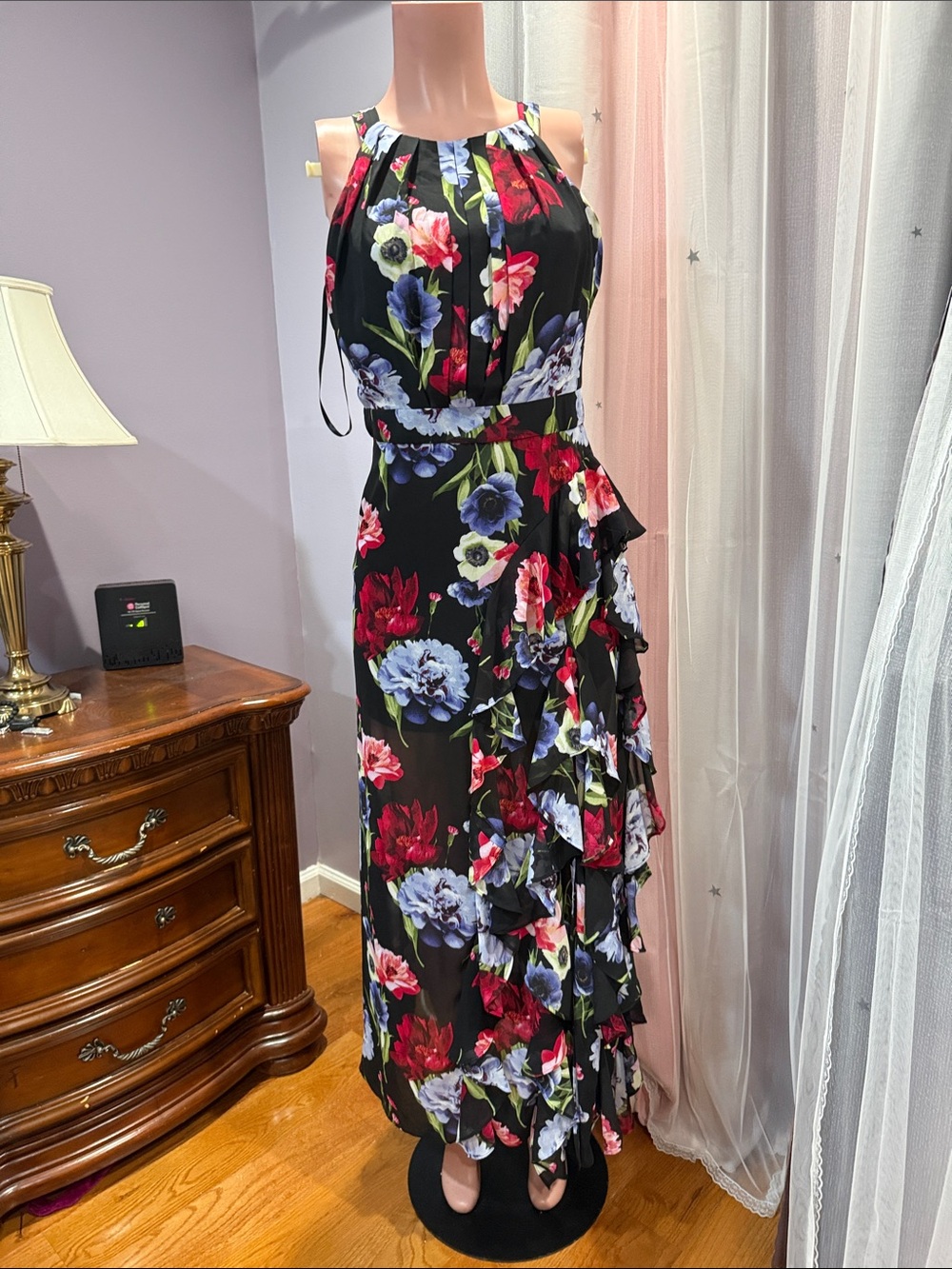 Betsy & Adam Black Maxi Dress with Red, Blue and Pink Floral Print